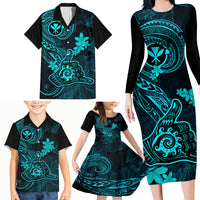 Hawaii Family Matching Long Sleeve Bodycon Dress and Hawaiian Shirt Shaka Tattoo Mix Polynesian Plumeria Turquoise Version - Wonder Print Shop
