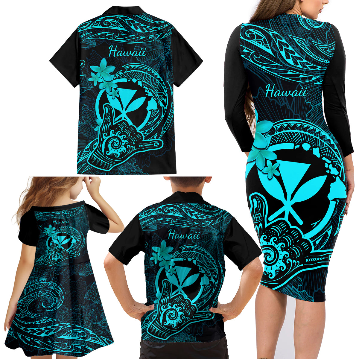 Hawaii Family Matching Long Sleeve Bodycon Dress and Hawaiian Shirt Shaka Tattoo Mix Polynesian Plumeria Turquoise Version - Wonder Print Shop