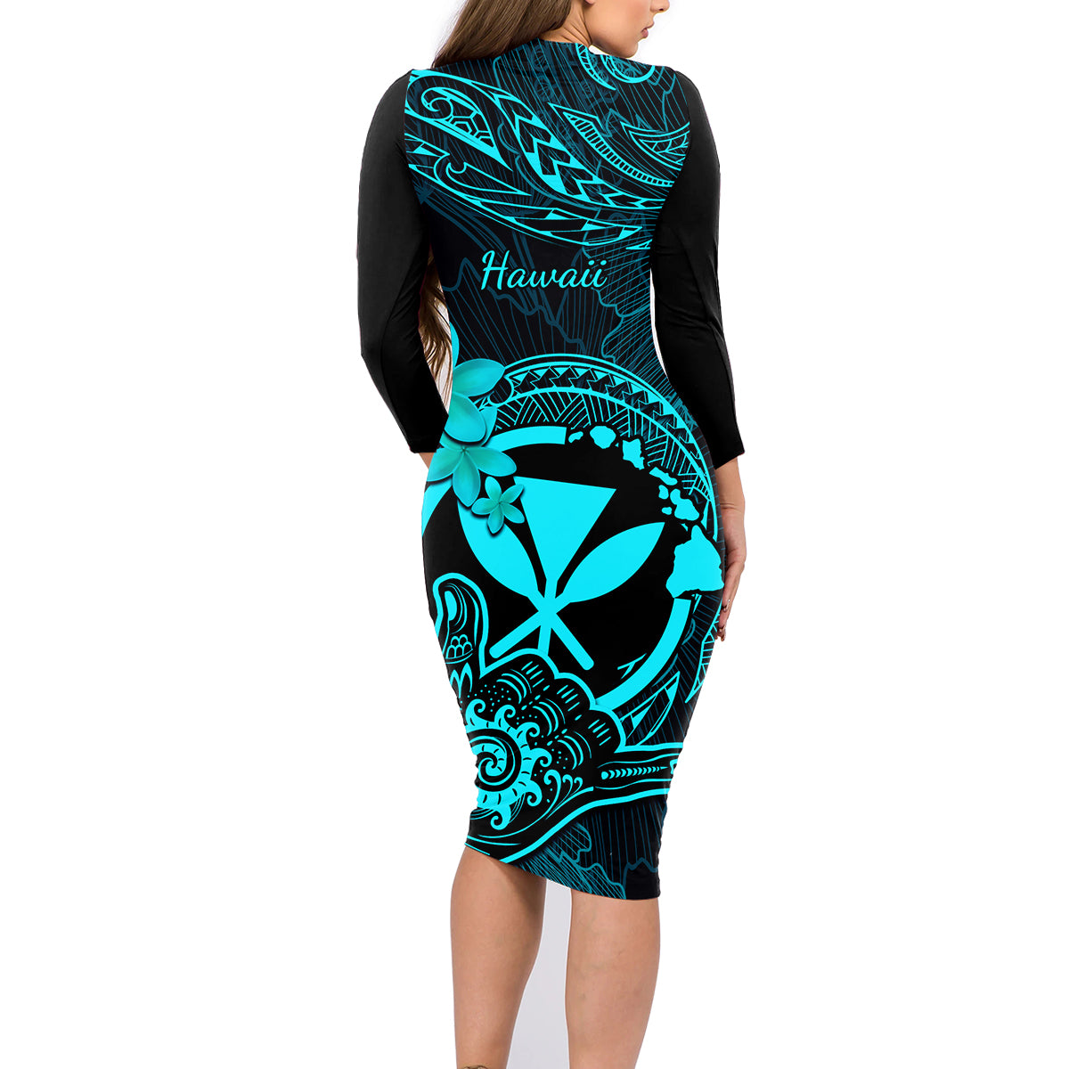 Hawaii Family Matching Long Sleeve Bodycon Dress and Hawaiian Shirt Shaka Tattoo Mix Polynesian Plumeria Turquoise Version - Wonder Print Shop