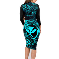 Hawaii Family Matching Long Sleeve Bodycon Dress and Hawaiian Shirt Shaka Tattoo Mix Polynesian Plumeria Turquoise Version - Wonder Print Shop