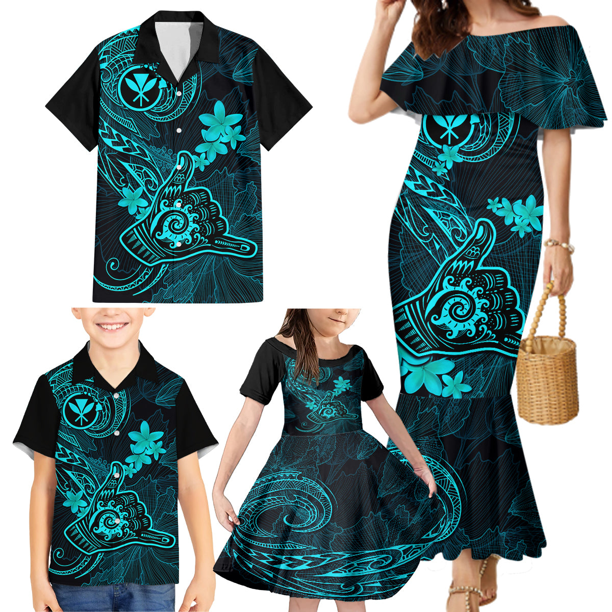 Hawaii Family Matching Mermaid Dress and Hawaiian Shirt Shaka Tattoo Mix Polynesian Plumeria Turquoise Version - Wonder Print Shop