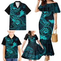 Hawaii Family Matching Mermaid Dress and Hawaiian Shirt Shaka Tattoo Mix Polynesian Plumeria Turquoise Version - Wonder Print Shop
