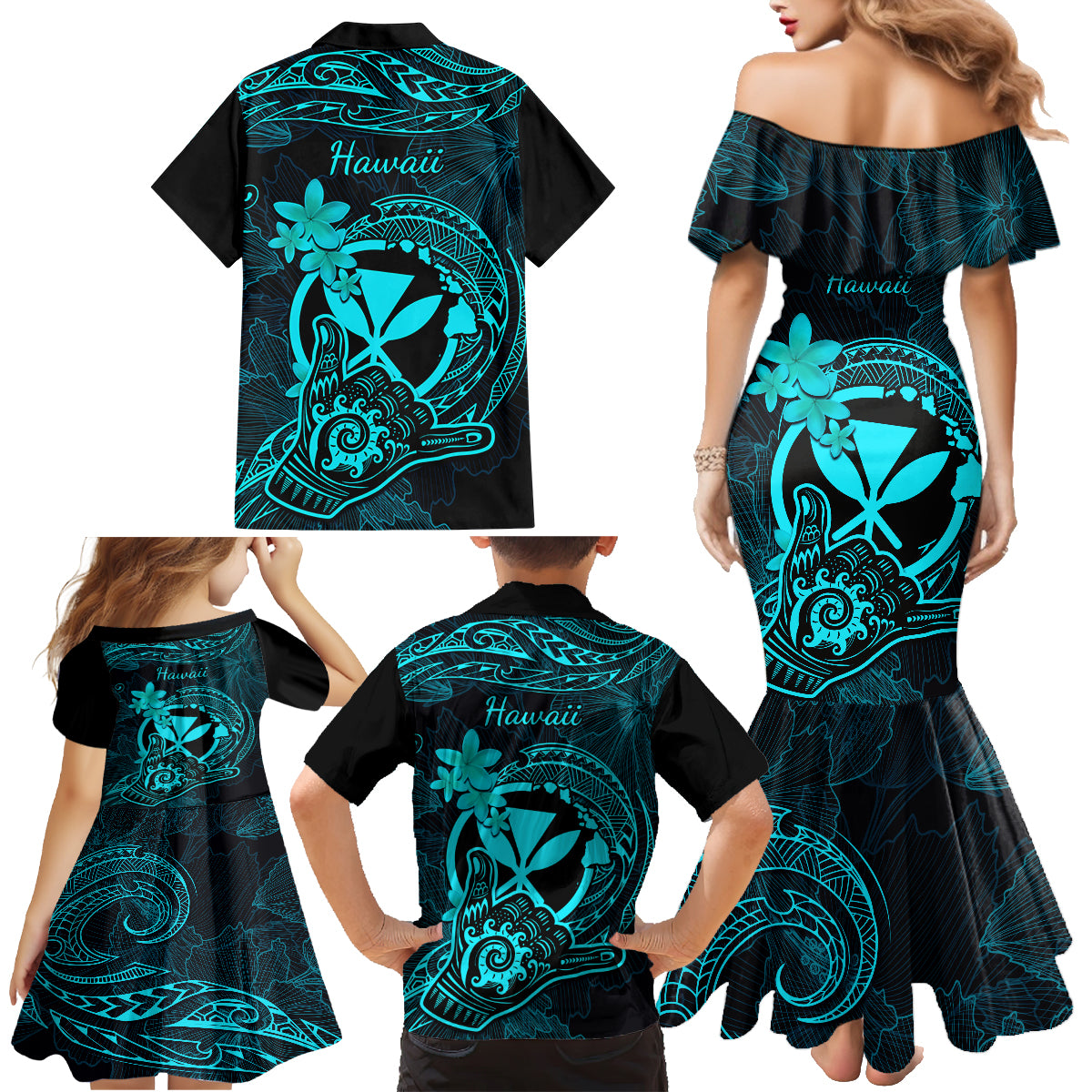 Hawaii Family Matching Mermaid Dress and Hawaiian Shirt Shaka Tattoo Mix Polynesian Plumeria Turquoise Version - Wonder Print Shop