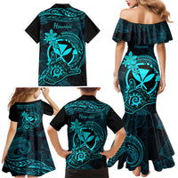 Hawaii Family Matching Mermaid Dress and Hawaiian Shirt Shaka Tattoo Mix Polynesian Plumeria Turquoise Version - Wonder Print Shop