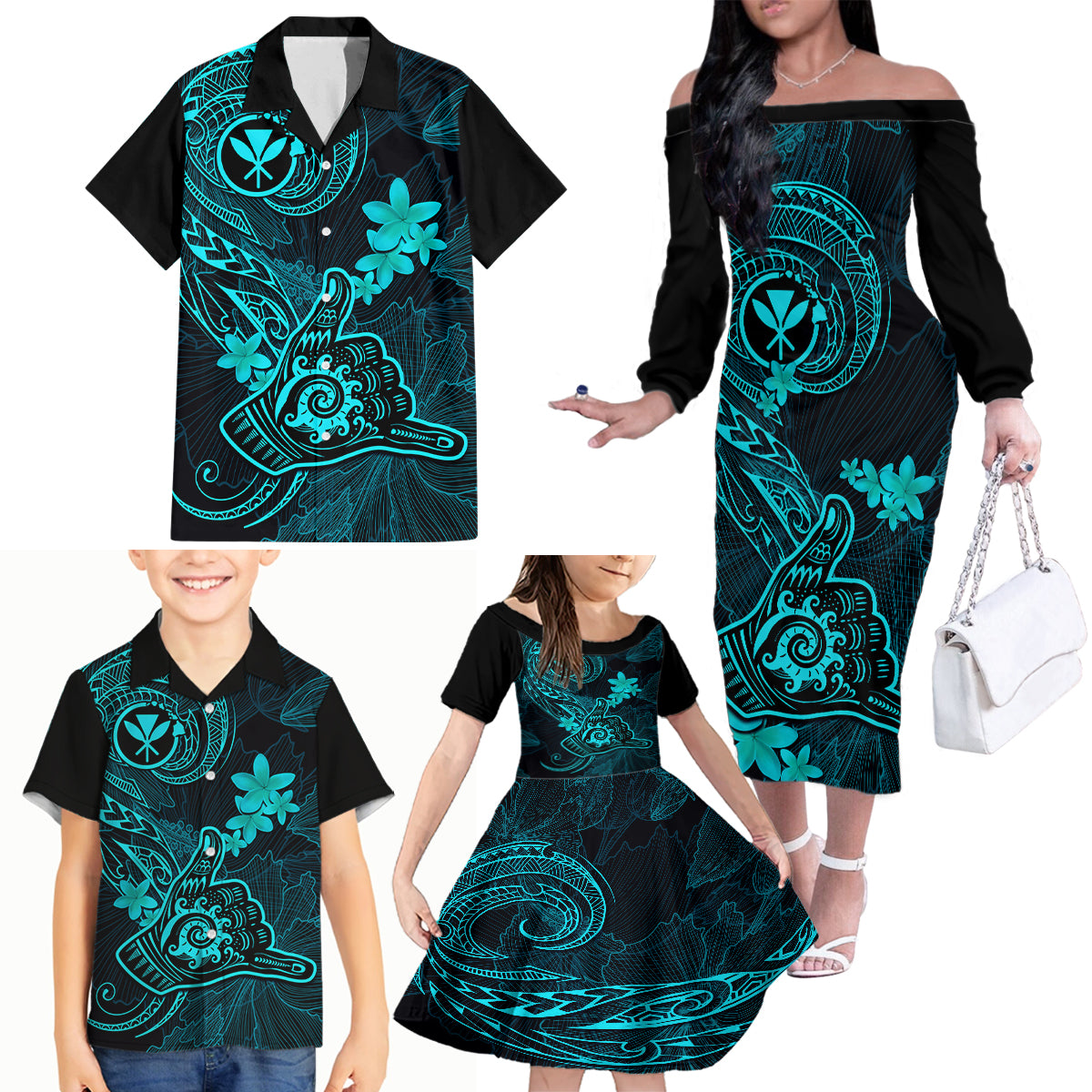 Hawaii Family Matching Off Shoulder Long Sleeve Dress and Hawaiian Shirt Shaka Tattoo Mix Polynesian Plumeria Turquoise Version - Wonder Print Shop