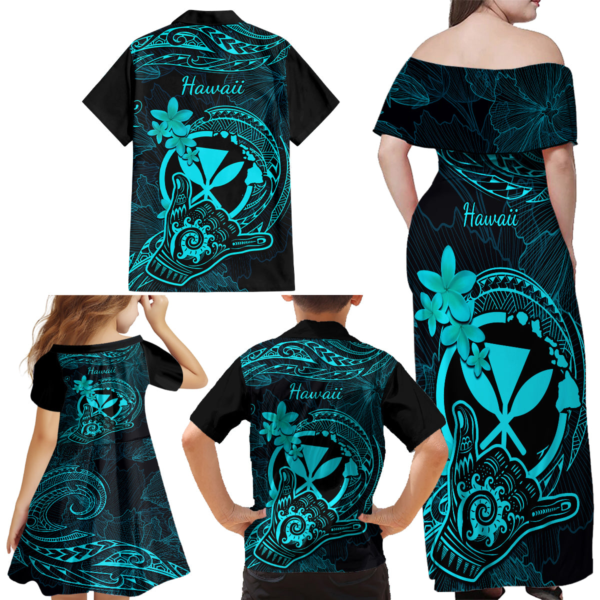 Hawaii Family Matching Off Shoulder Long Sleeve Dress and Hawaiian Shirt Shaka Tattoo Mix Polynesian Plumeria Turquoise Version - Wonder Print Shop