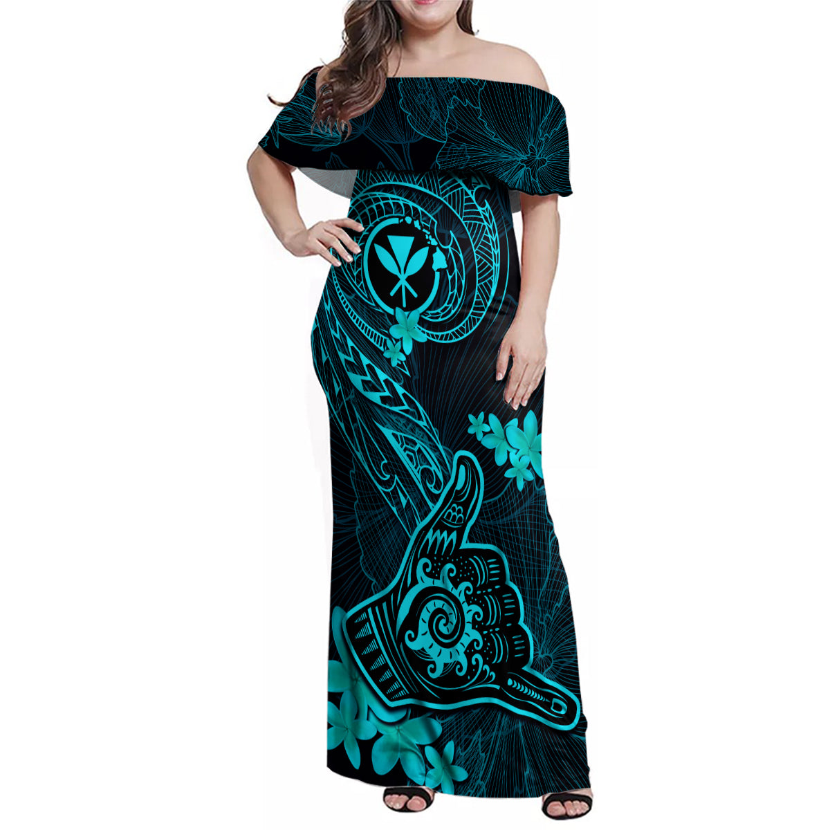 Hawaii Family Matching Off Shoulder Maxi Dress and Hawaiian Shirt Shaka Tattoo Mix Polynesian Plumeria Turquoise Version - Wonder Print Shop