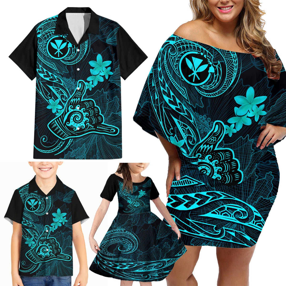 Hawaii Family Matching Off Shoulder Short Dress and Hawaiian Shirt Shaka Tattoo Mix Polynesian Plumeria Turquoise Version - Wonder Print Shop
