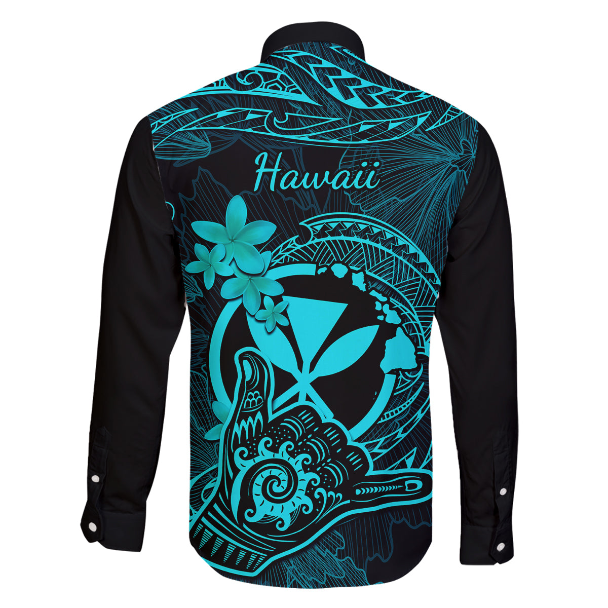 Hawaii Family Matching Off Shoulder Short Dress and Hawaiian Shirt Shaka Tattoo Mix Polynesian Plumeria Turquoise Version - Wonder Print Shop