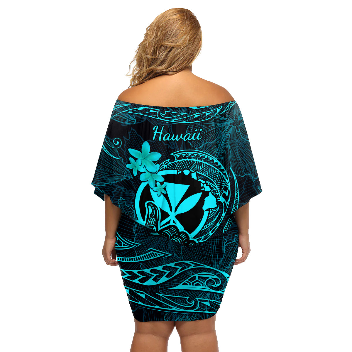 Hawaii Family Matching Off Shoulder Short Dress and Hawaiian Shirt Shaka Tattoo Mix Polynesian Plumeria Turquoise Version - Wonder Print Shop
