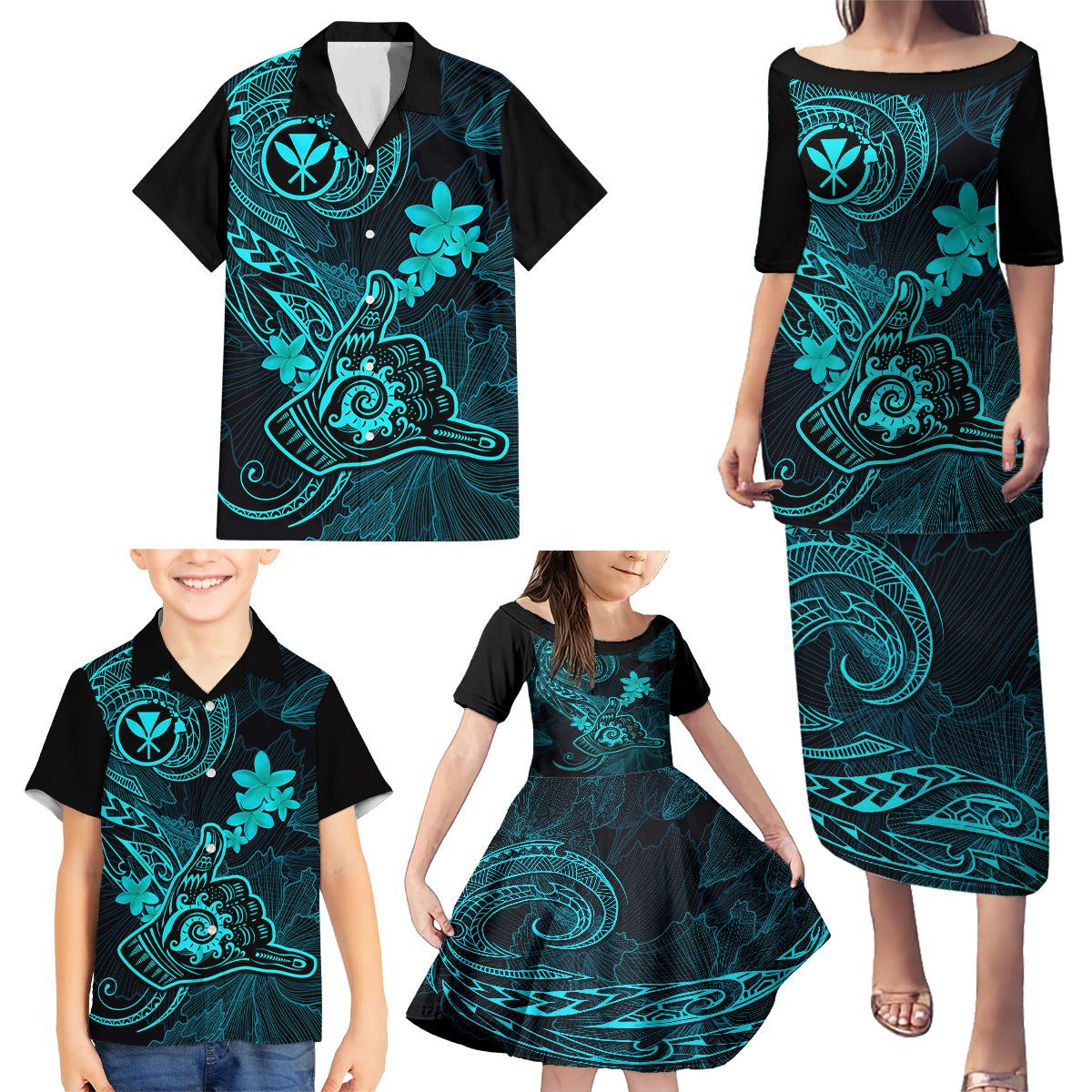 Hawaii Family Matching Puletasi Dress and Hawaiian Shirt Shaka Tattoo Mix Polynesian Plumeria Turquoise Version - Wonder Print Shop