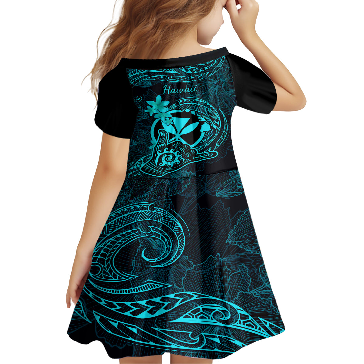 Hawaii Family Matching Short Sleeve Bodycon Dress and Hawaiian Shirt Shaka Tattoo Mix Polynesian Plumeria Turquoise Version - Wonder Print Shop