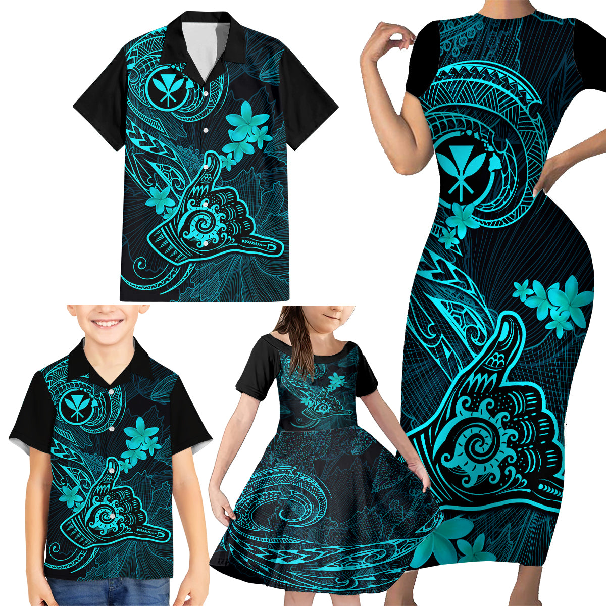 Hawaii Family Matching Short Sleeve Bodycon Dress and Hawaiian Shirt Shaka Tattoo Mix Polynesian Plumeria Turquoise Version - Wonder Print Shop
