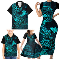 Hawaii Family Matching Short Sleeve Bodycon Dress and Hawaiian Shirt Shaka Tattoo Mix Polynesian Plumeria Turquoise Version - Wonder Print Shop