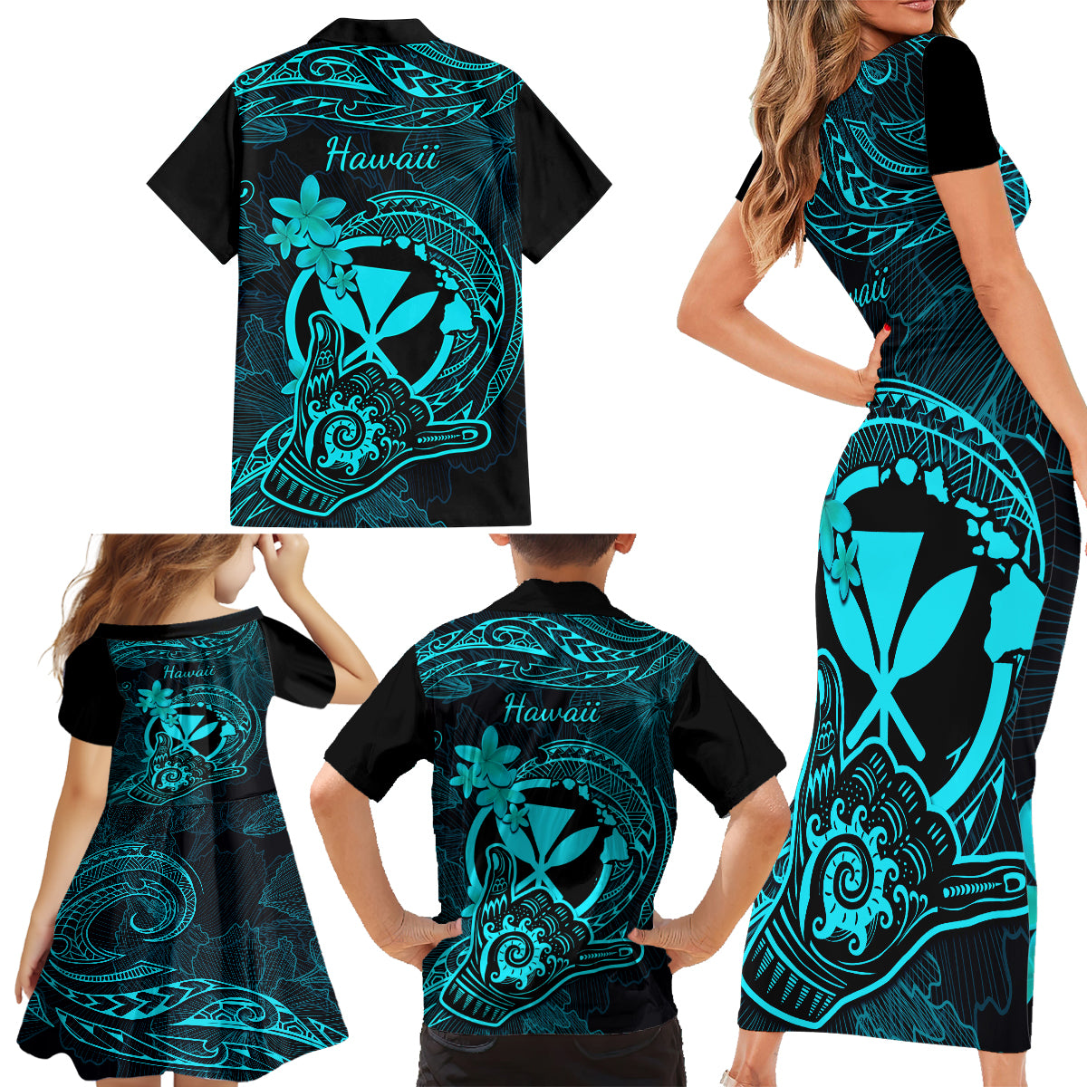 Hawaii Family Matching Short Sleeve Bodycon Dress and Hawaiian Shirt Shaka Tattoo Mix Polynesian Plumeria Turquoise Version - Wonder Print Shop