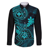 Hawaii Family Matching Short Sleeve Bodycon Dress and Hawaiian Shirt Shaka Tattoo Mix Polynesian Plumeria Turquoise Version - Wonder Print Shop