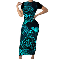Hawaii Family Matching Short Sleeve Bodycon Dress and Hawaiian Shirt Shaka Tattoo Mix Polynesian Plumeria Turquoise Version - Wonder Print Shop