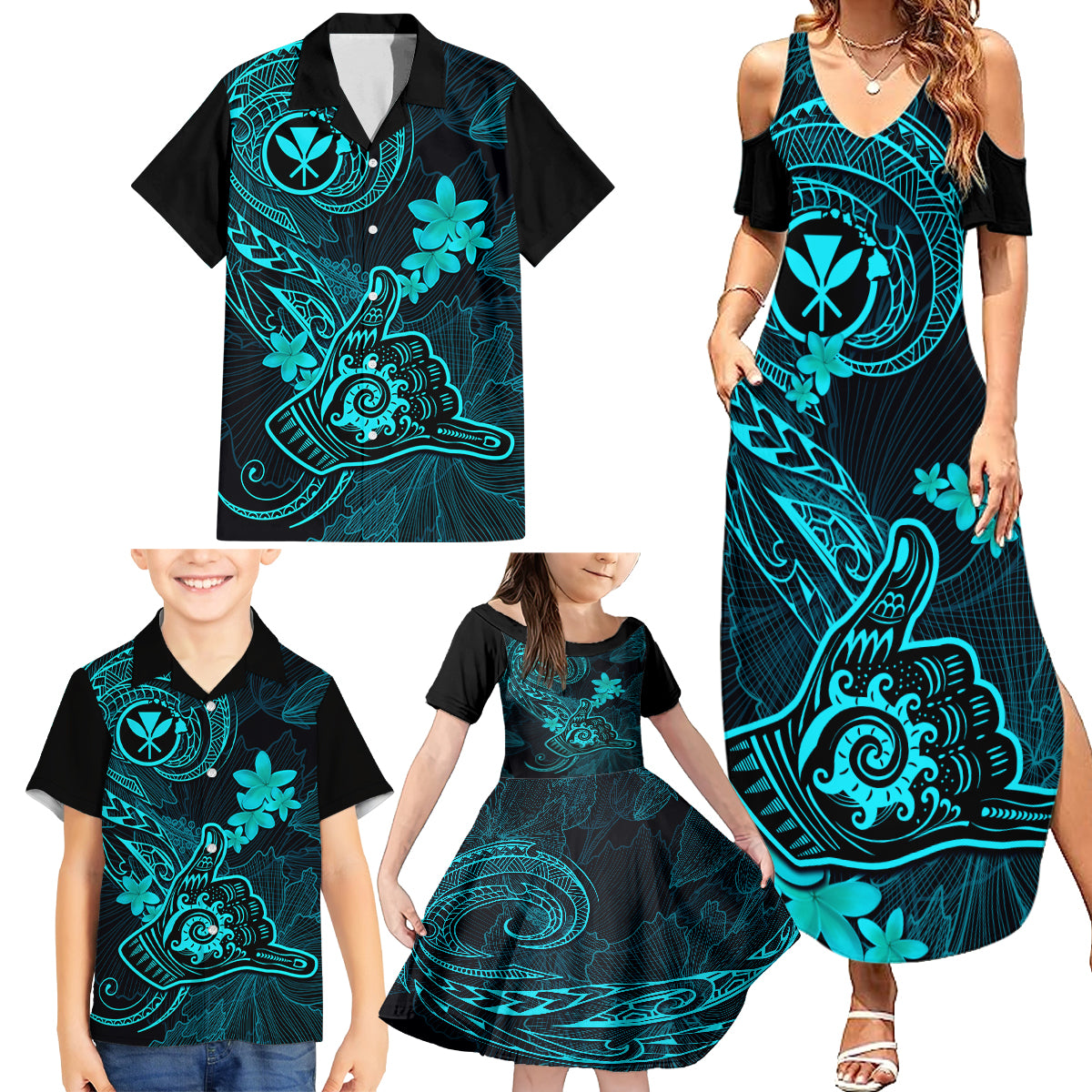 Hawaii Family Matching Summer Maxi Dress and Hawaiian Shirt Shaka Tattoo Mix Polynesian Plumeria Turquoise Version - Wonder Print Shop