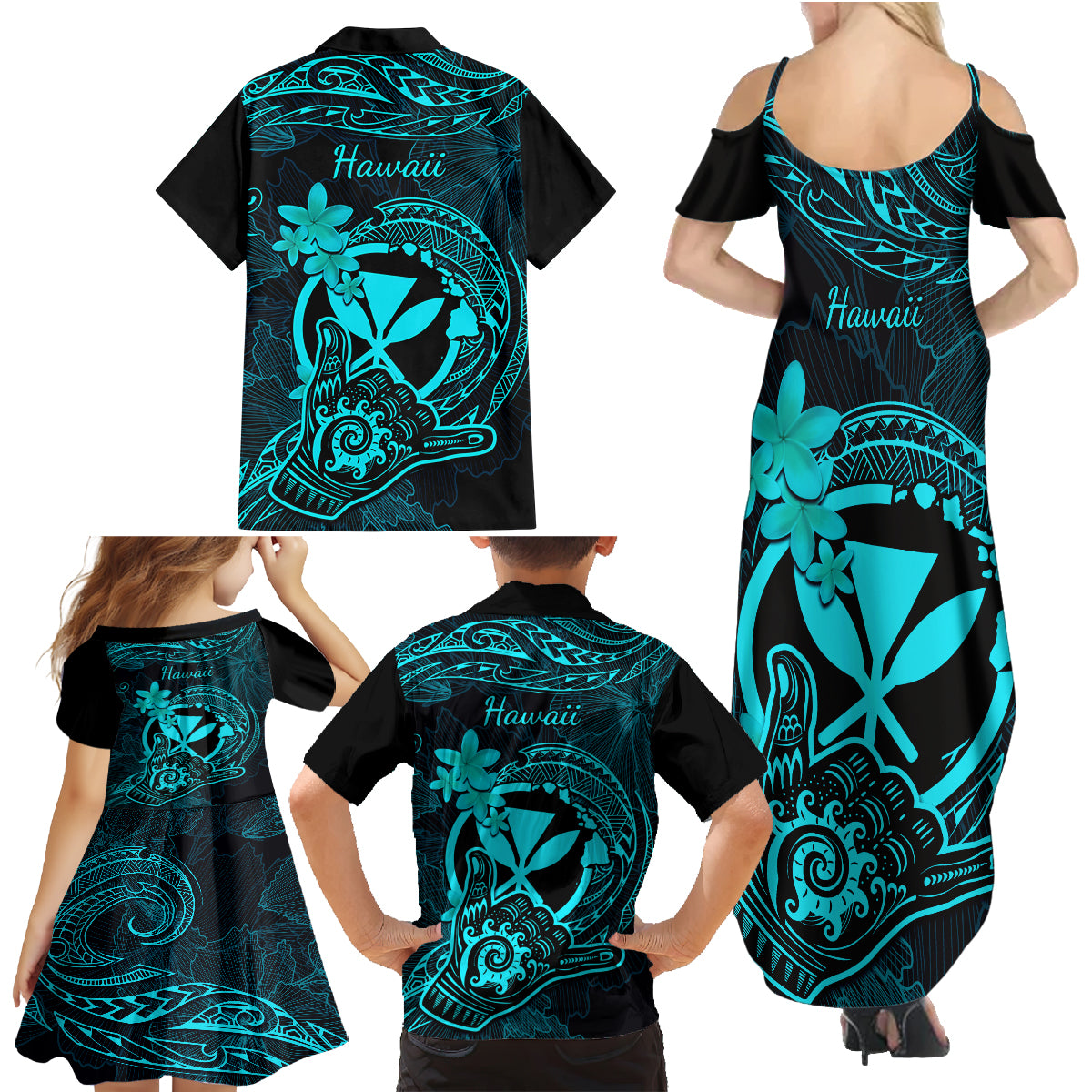 Hawaii Family Matching Summer Maxi Dress and Hawaiian Shirt Shaka Tattoo Mix Polynesian Plumeria Turquoise Version - Wonder Print Shop