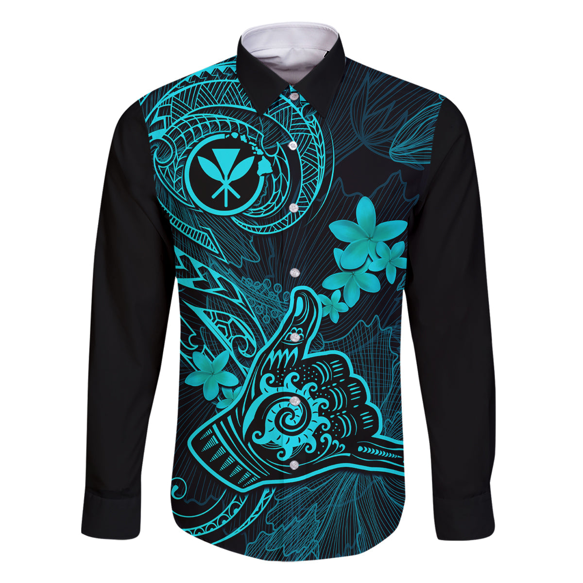 Hawaii Family Matching Summer Maxi Dress and Hawaiian Shirt Shaka Tattoo Mix Polynesian Plumeria Turquoise Version - Wonder Print Shop