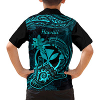Hawaii Family Matching Tank Maxi Dress and Hawaiian Shirt Shaka Tattoo Mix Polynesian Plumeria Turquoise Version - Wonder Print Shop