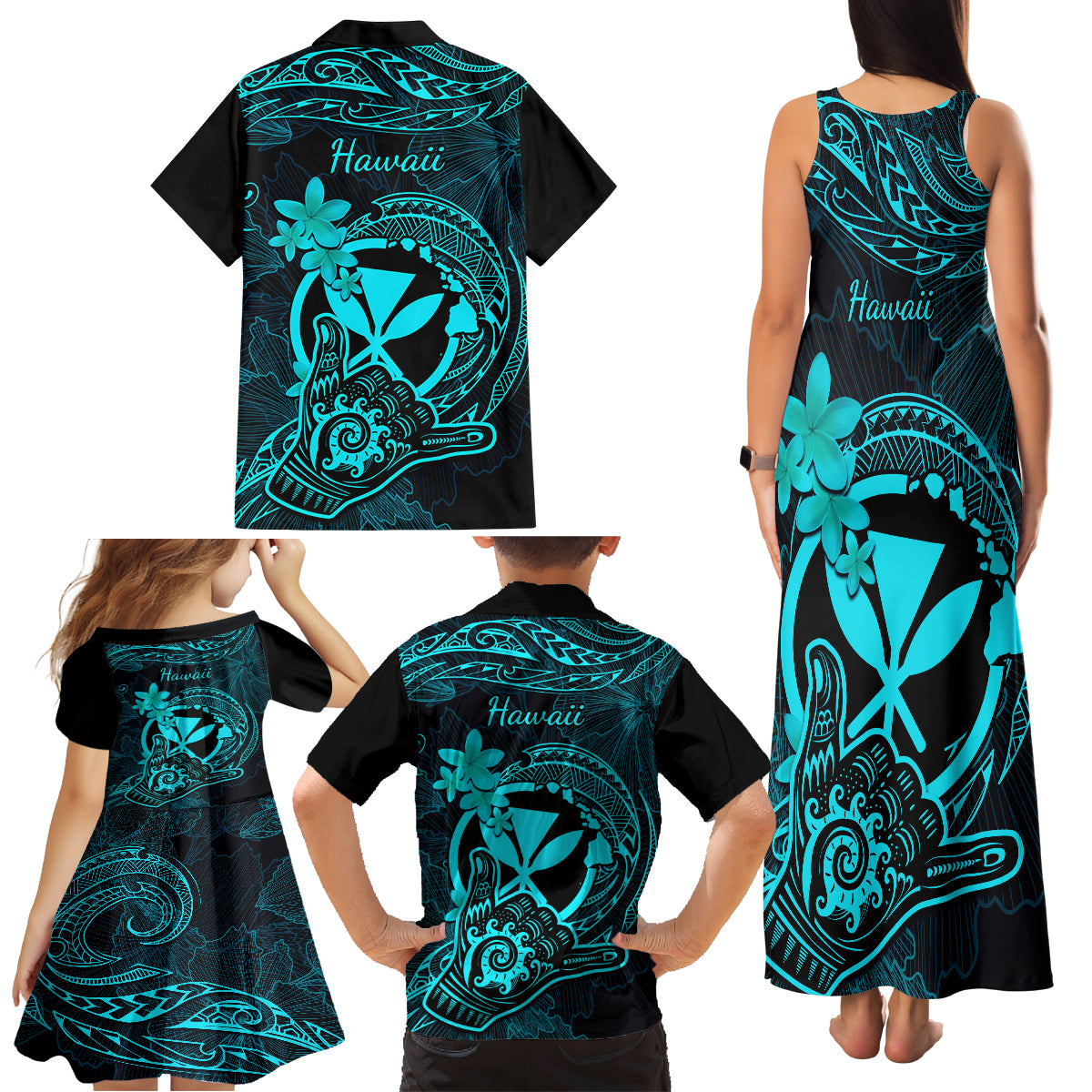 Hawaii Family Matching Tank Maxi Dress and Hawaiian Shirt Shaka Tattoo Mix Polynesian Plumeria Turquoise Version - Wonder Print Shop