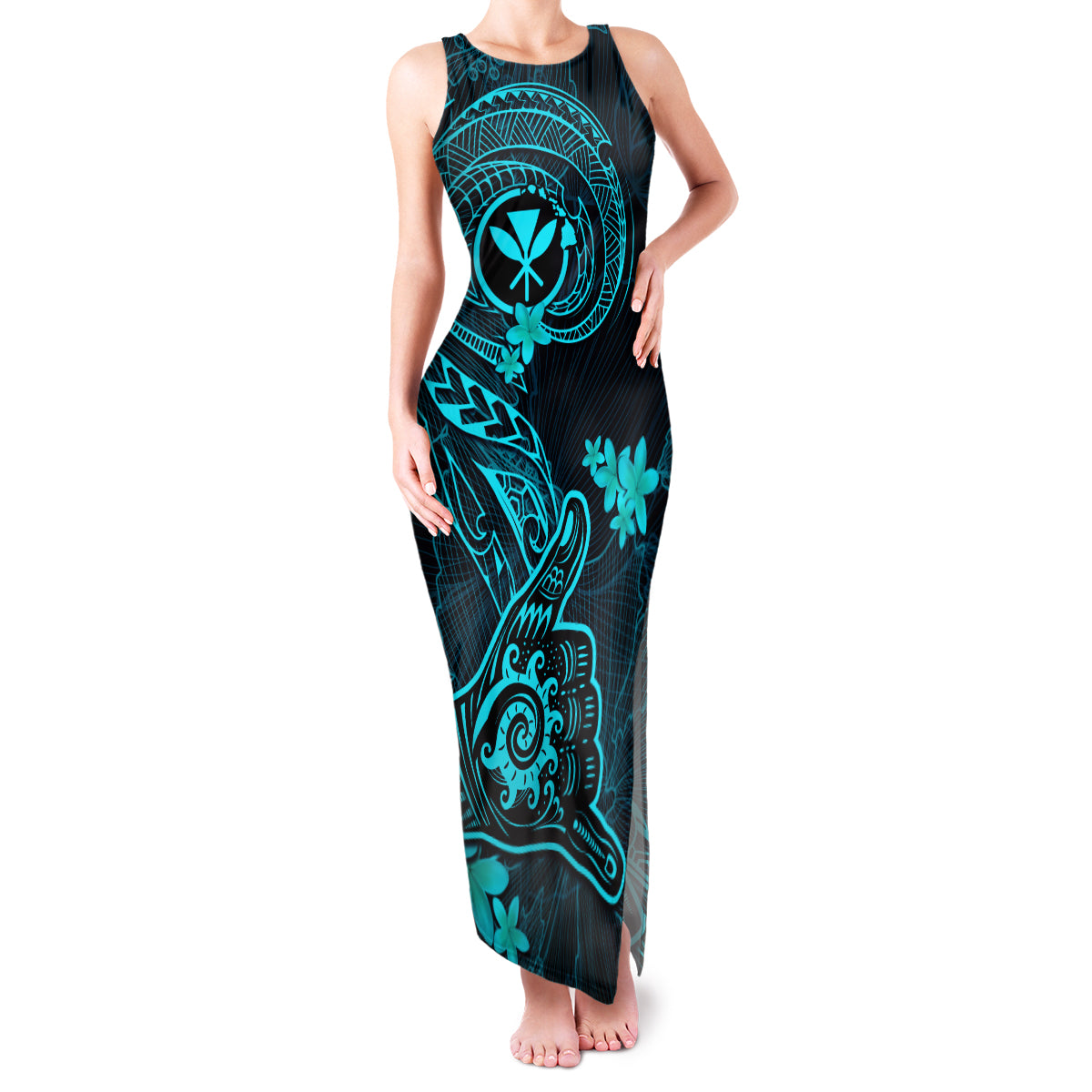 Hawaii Family Matching Tank Maxi Dress and Hawaiian Shirt Shaka Tattoo Mix Polynesian Plumeria Turquoise Version - Wonder Print Shop
