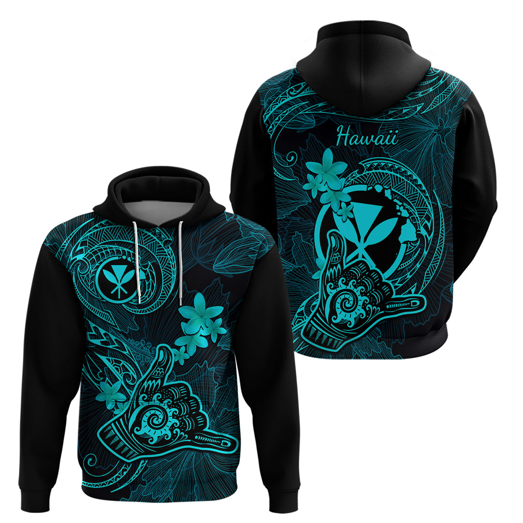 Hawaii Hoodie Shaka Tattoo Mix Polynesian Plumeria Turquoise Version - Wonder Print Shop