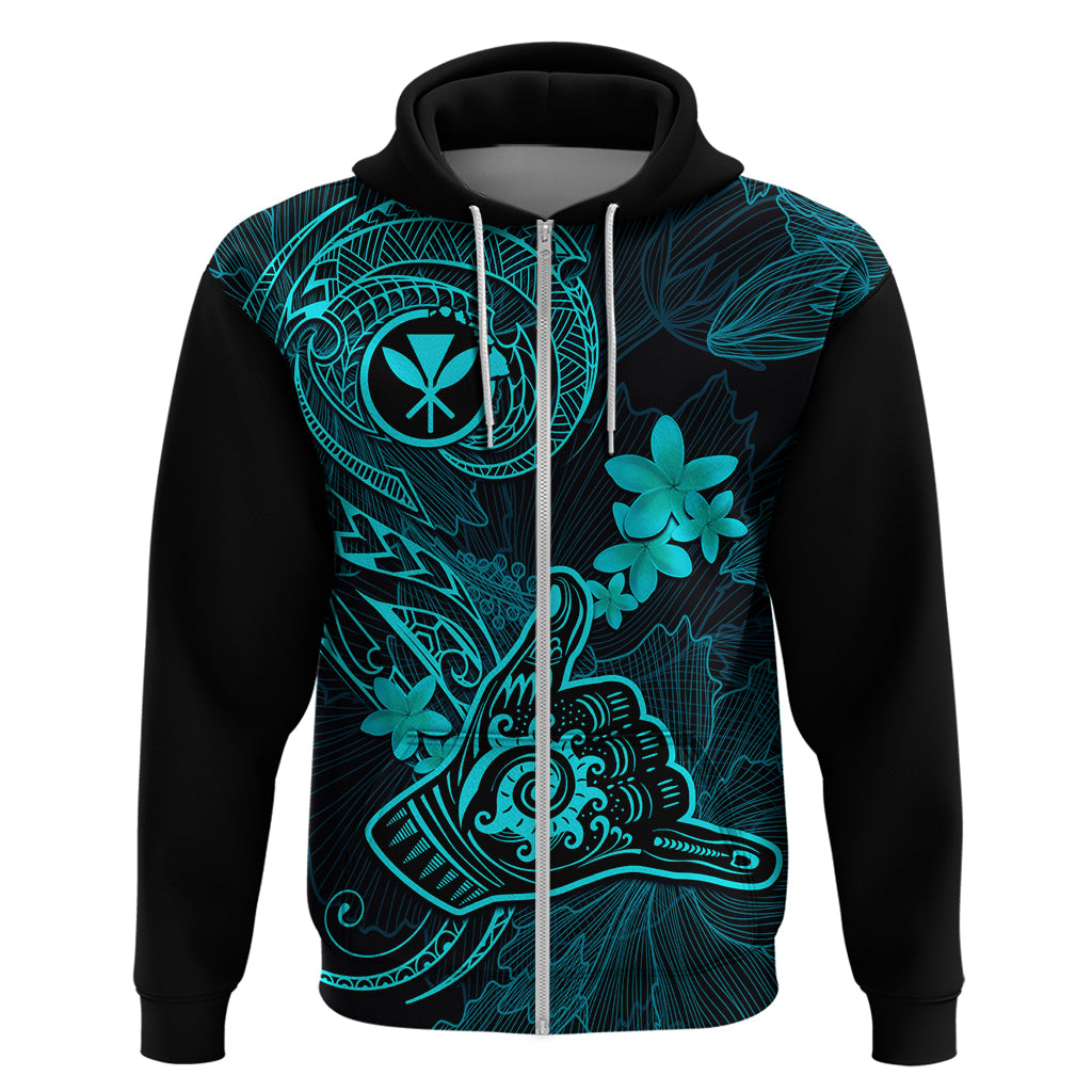 Hawaii Hoodie Shaka Tattoo Mix Polynesian Plumeria Turquoise Version - Wonder Print Shop