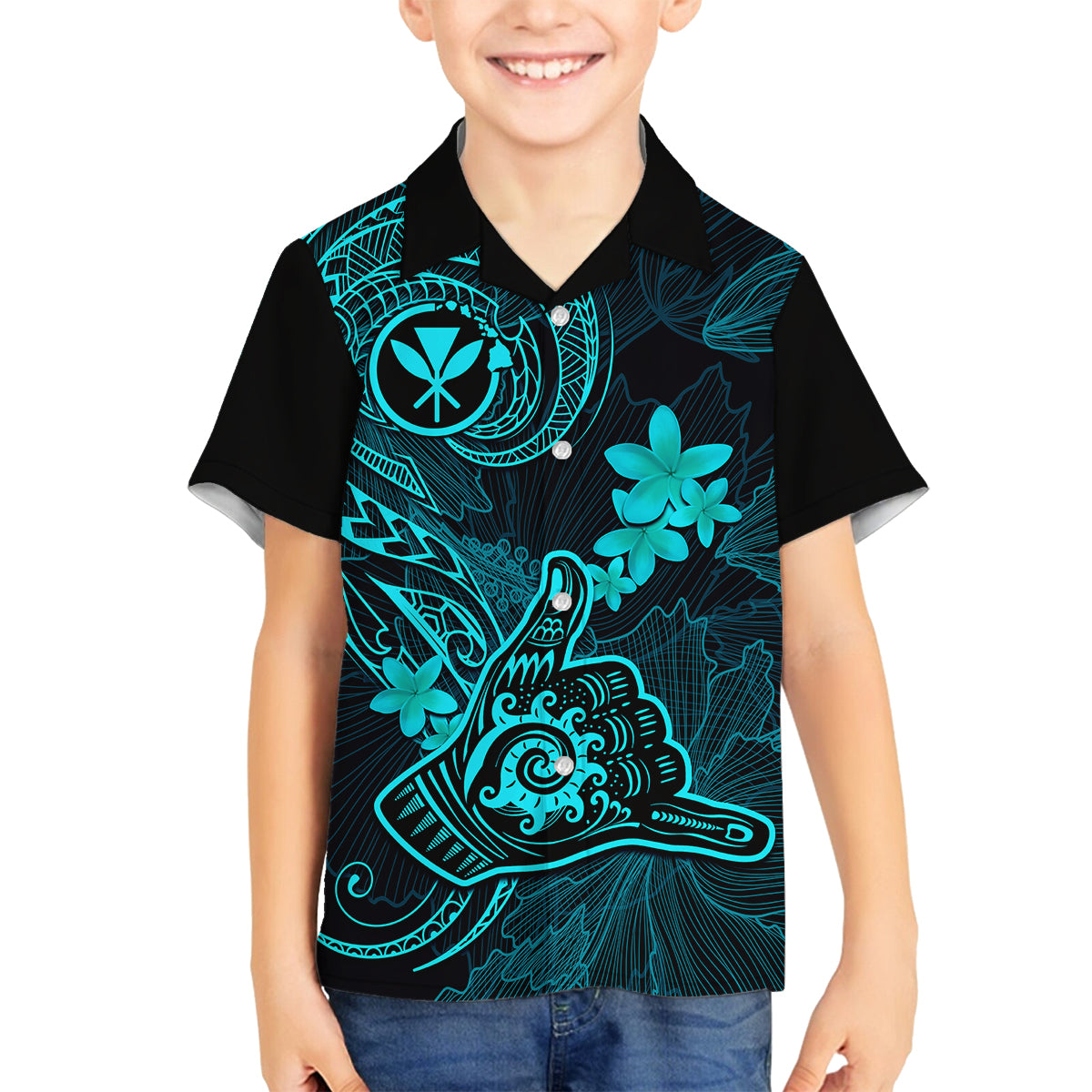 Hawaii Kid Hawaiian Shirt Shaka Tattoo Mix Polynesian Plumeria Turquoise Version - Wonder Print Shop