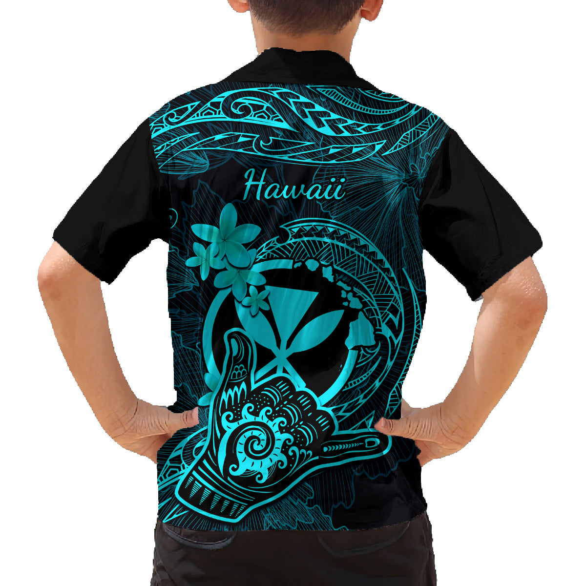 Hawaii Kid Hawaiian Shirt Shaka Tattoo Mix Polynesian Plumeria Turquoise Version - Wonder Print Shop