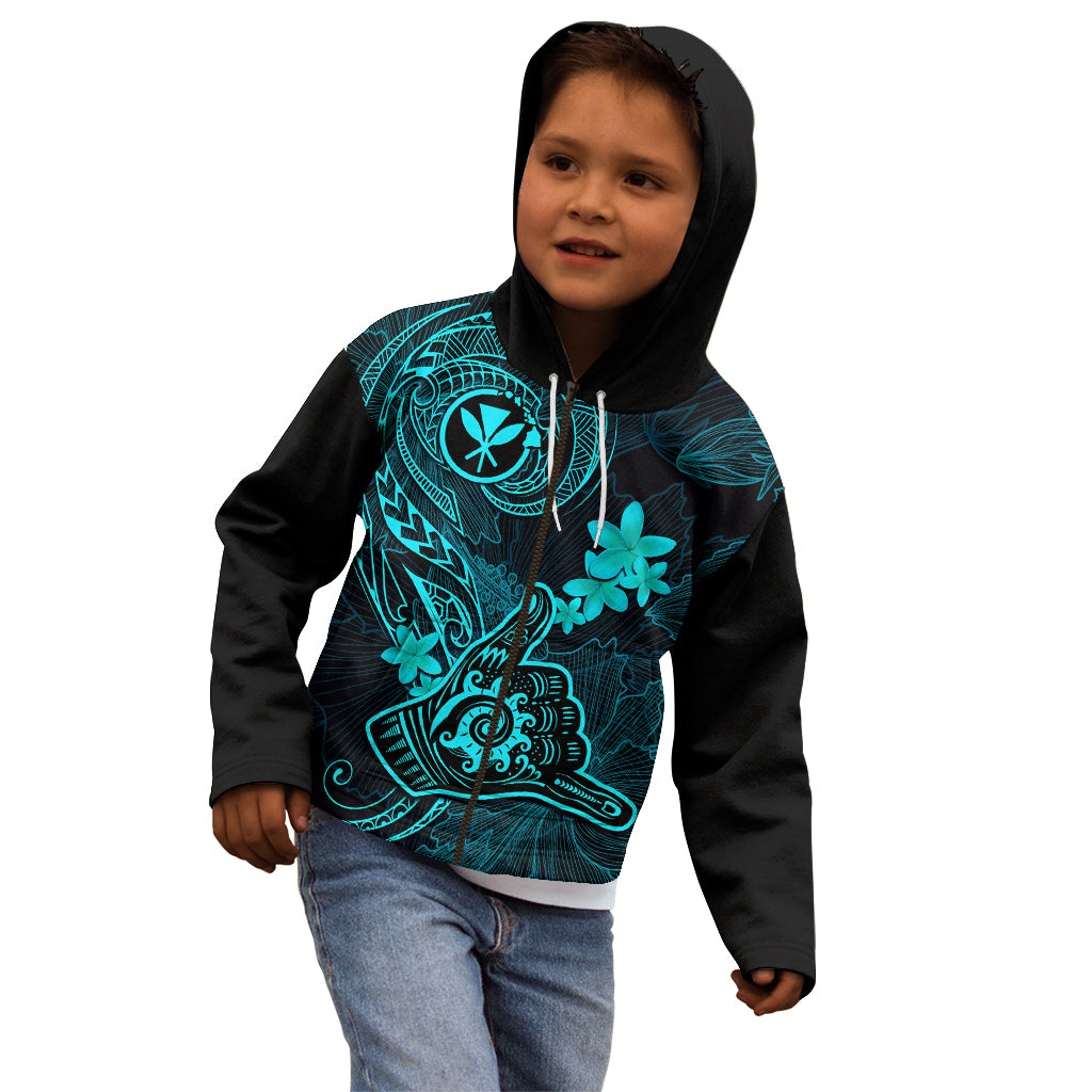 Hawaii Kid Hoodie Shaka Tattoo Mix Polynesian Plumeria Turquoise Version - Wonder Print Shop