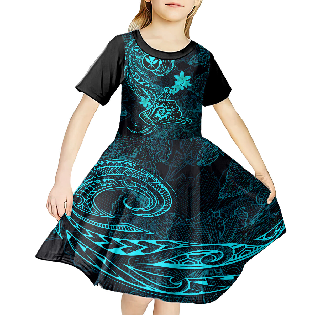 Hawaii Kid Short Sleeve Dress Shaka Tattoo Mix Polynesian Plumeria Turquoise Version - Wonder Print Shop