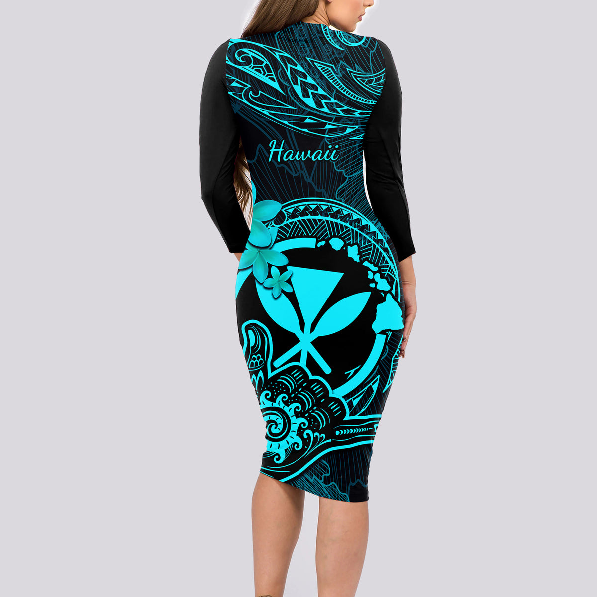 Hawaii Long Sleeve Bodycon Dress Shaka Tattoo Mix Polynesian Plumeria Turquoise Version - Wonder Print Shop