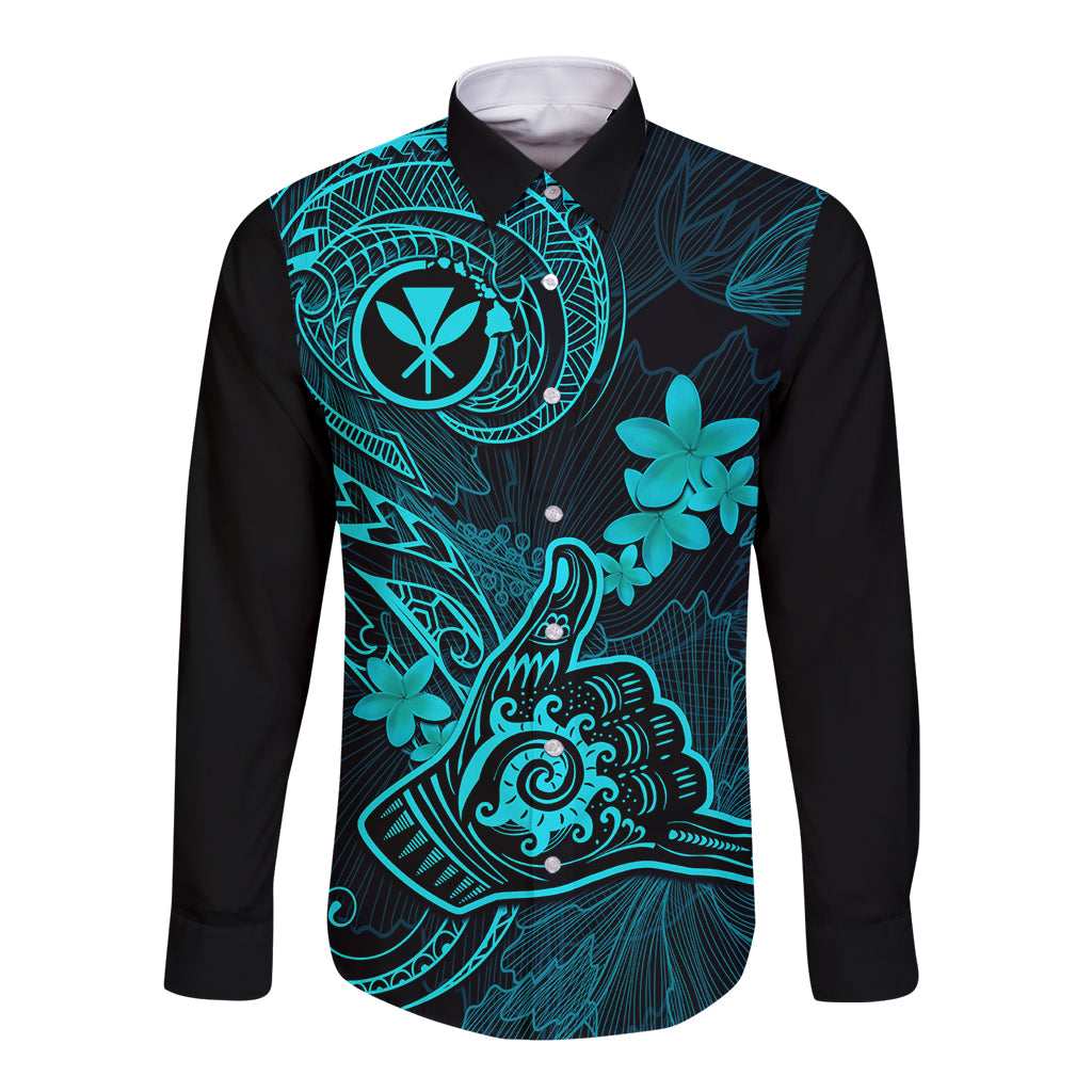 Hawaii Long Sleeve Button Shirt Shaka Tattoo Mix Polynesian Plumeria Turquoise Version - Wonder Print Shop