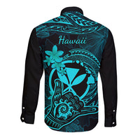 Hawaii Long Sleeve Button Shirt Shaka Tattoo Mix Polynesian Plumeria Turquoise Version - Wonder Print Shop