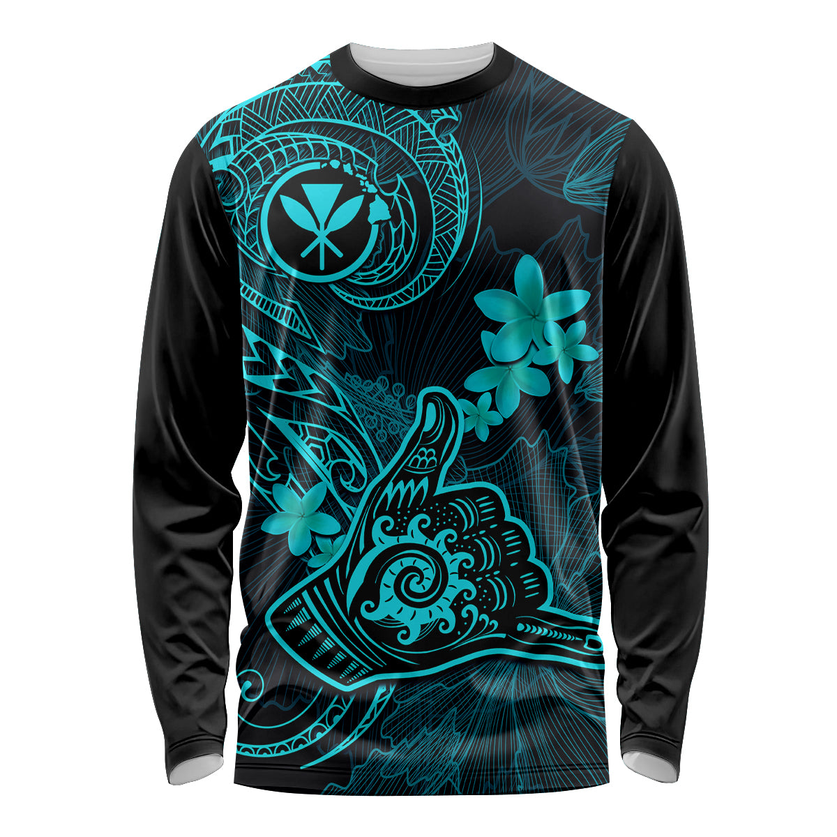 Hawaii Long Sleeve Shirt Shaka Tattoo Mix Polynesian Plumeria Turquoise Version - Wonder Print Shop