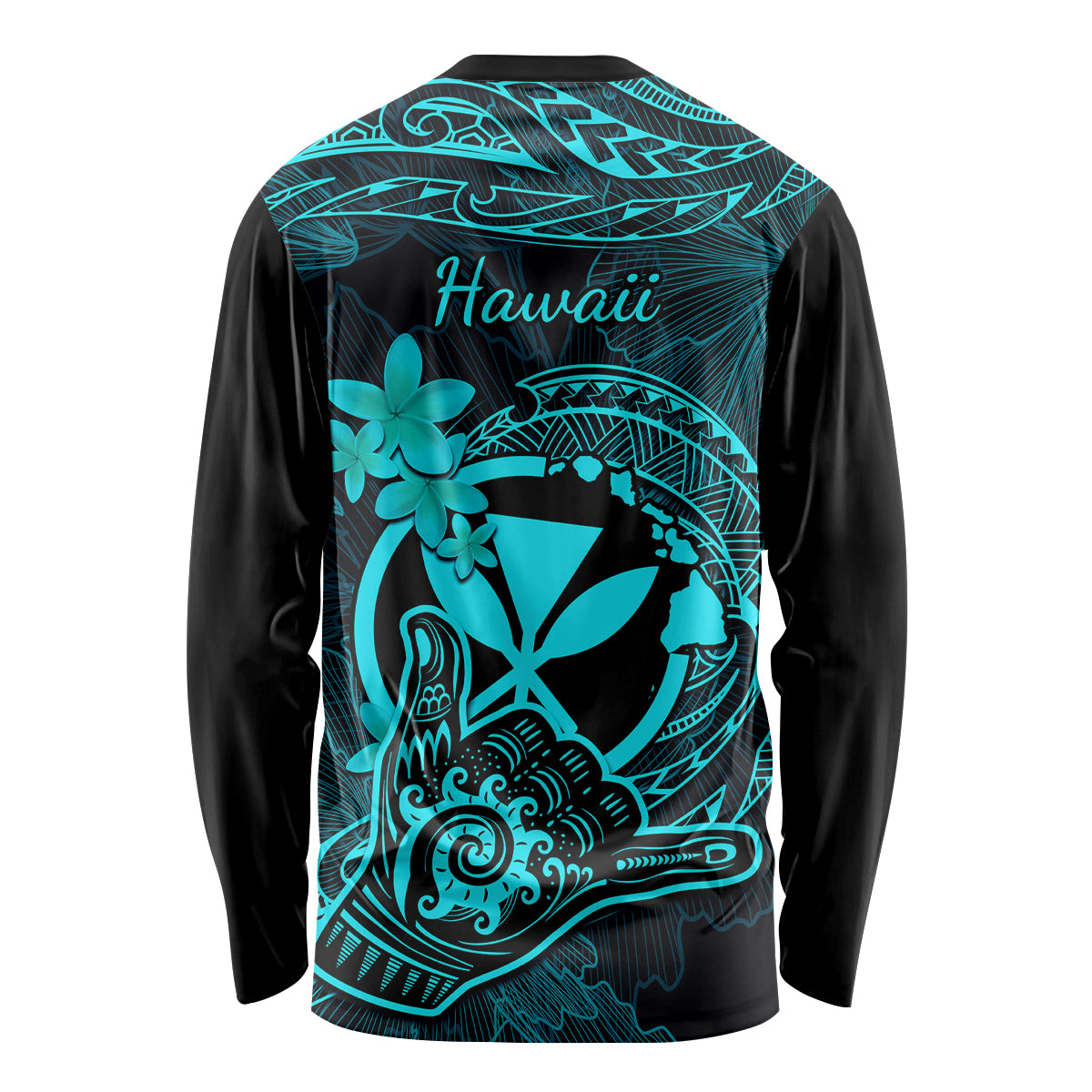 Hawaii Long Sleeve Shirt Shaka Tattoo Mix Polynesian Plumeria Turquoise Version - Wonder Print Shop