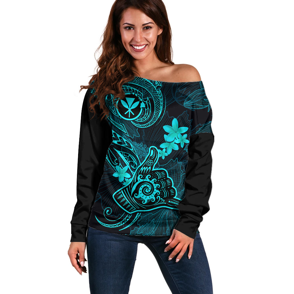Hawaii Off Shoulder Sweater Shaka Tattoo Mix Polynesian Plumeria Turquoise Version - Wonder Print Shop