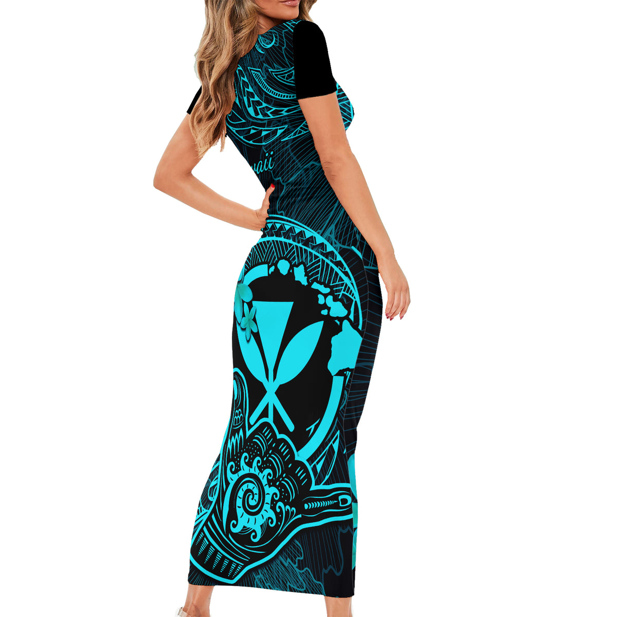 Hawaii Short Sleeve Bodycon Dress Shaka Tattoo Mix Polynesian Plumeria Turquoise Version - Wonder Print Shop
