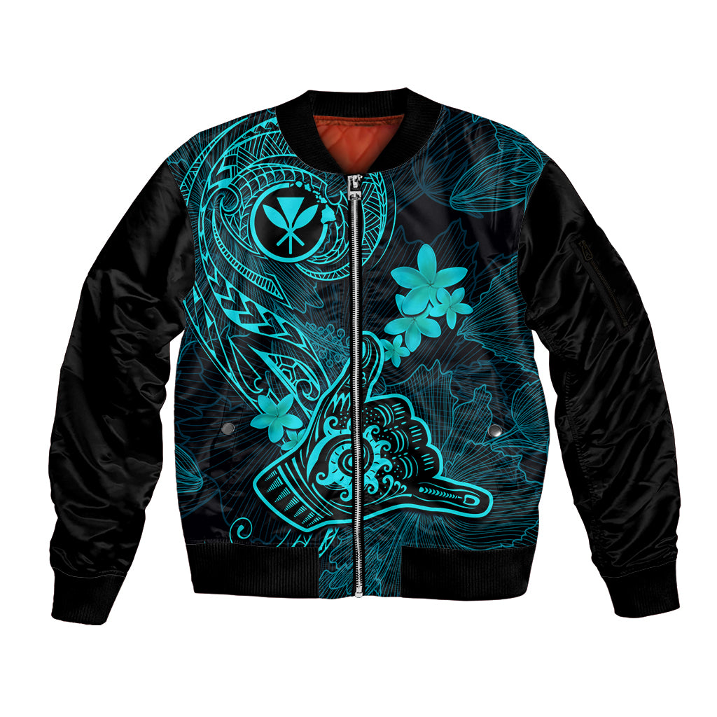 Hawaii Sleeve Zip Bomber Jacket Shaka Tattoo Mix Polynesian Plumeria Turquoise Version - Wonder Print Shop