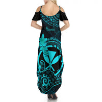 Hawaii Summer Maxi Dress Shaka Tattoo Mix Polynesian Plumeria Turquoise Version - Wonder Print Shop