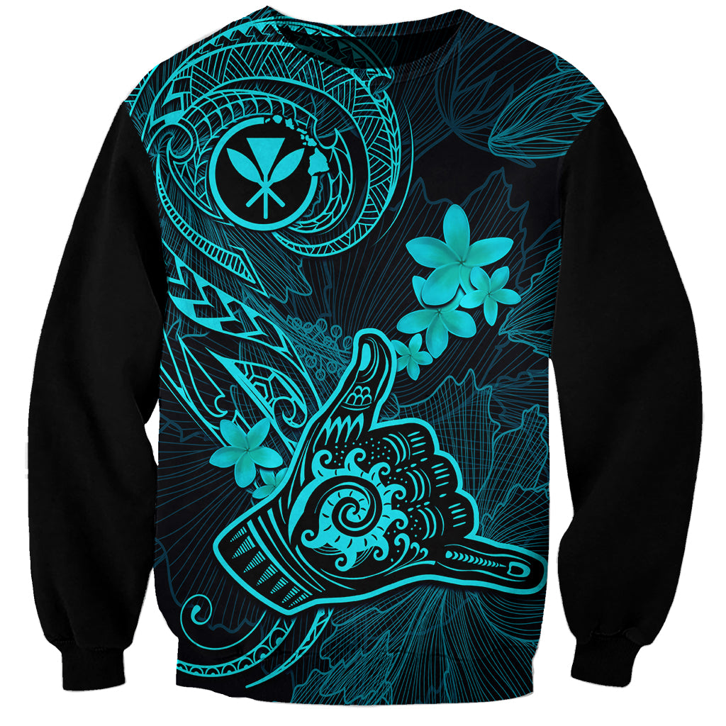 Hawaii Sweatshirt Shaka Tattoo Mix Polynesian Plumeria Turquoise Version - Wonder Print Shop