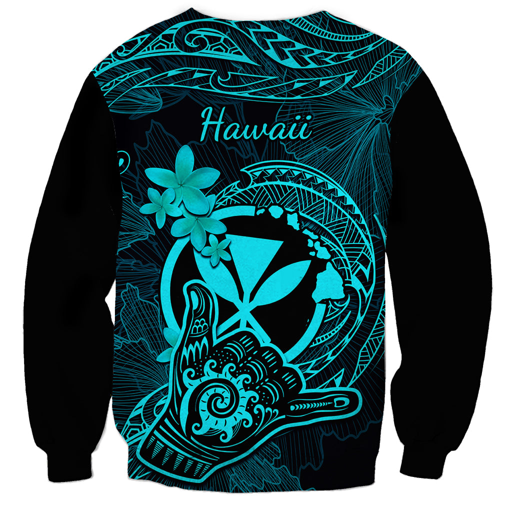 Hawaii Sweatshirt Shaka Tattoo Mix Polynesian Plumeria Turquoise Version - Wonder Print Shop