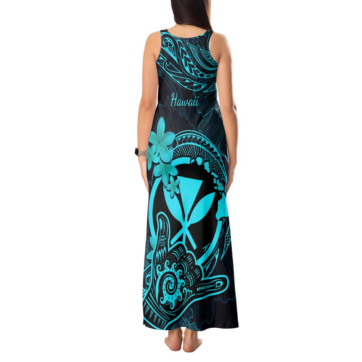 Hawaii Tank Maxi Dress Shaka Tattoo Mix Polynesian Plumeria Turquoise Version - Wonder Print Shop