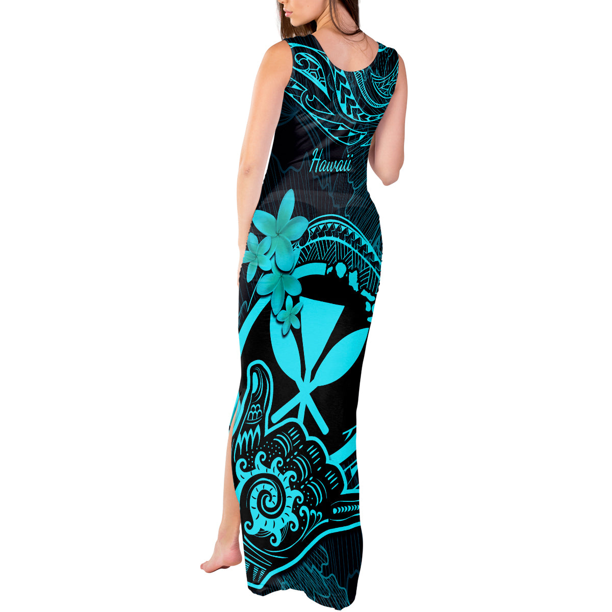 Hawaii Tank Maxi Dress Shaka Tattoo Mix Polynesian Plumeria Turquoise Version - Wonder Print Shop
