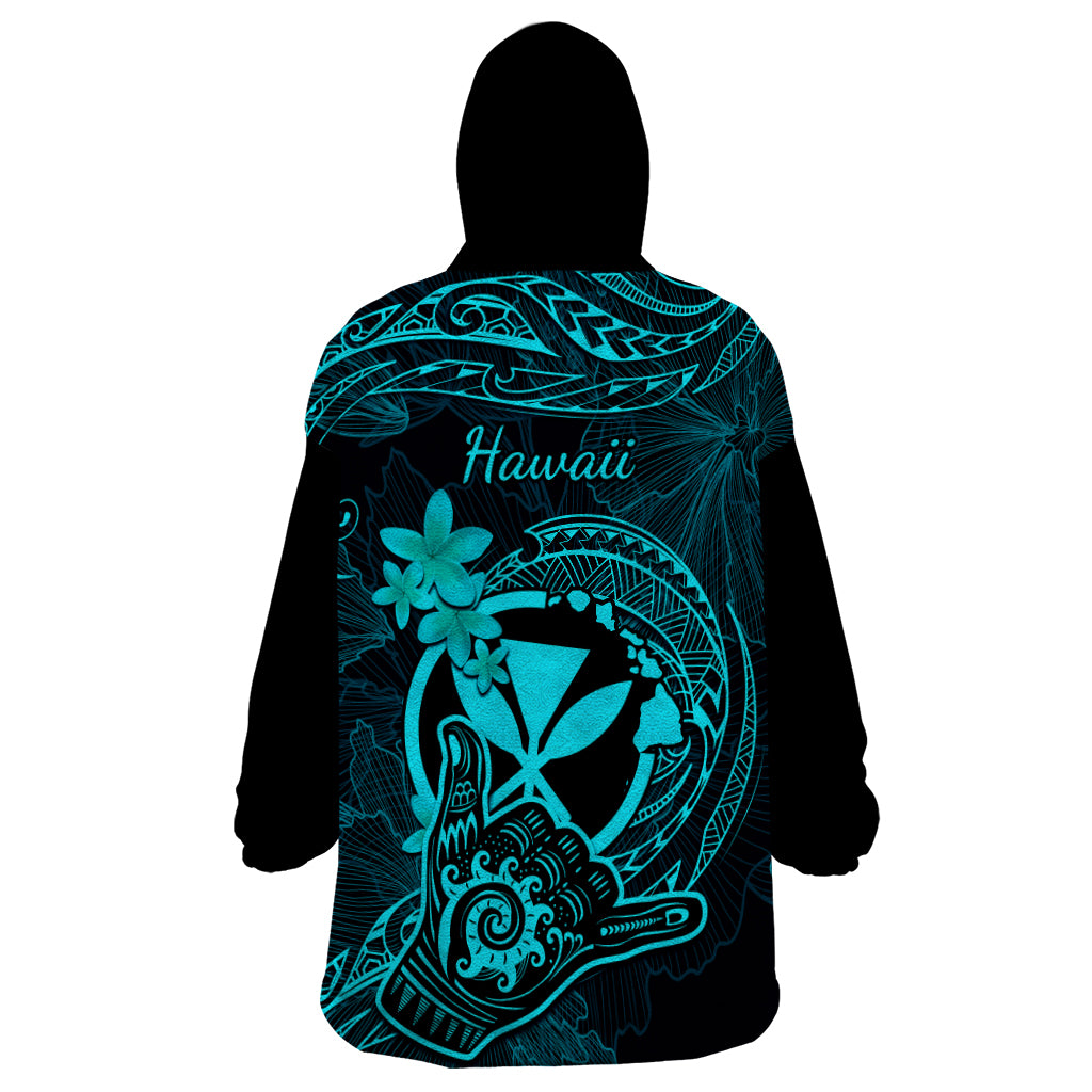 Hawaii Wearable Blanket Hoodie Shaka Tattoo Mix Polynesian Plumeria Turquoise Version - Wonder Print Shop