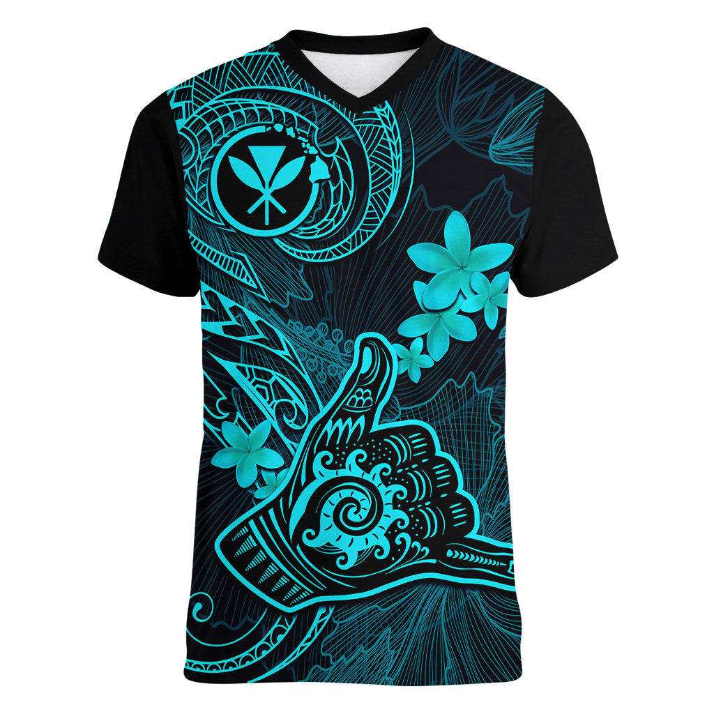 Hawaii Women V Neck T Shirt Shaka Tattoo Mix Polynesian Plumeria Turquoise Version - Wonder Print Shop