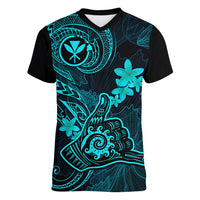 Hawaii Women V Neck T Shirt Shaka Tattoo Mix Polynesian Plumeria Turquoise Version - Wonder Print Shop