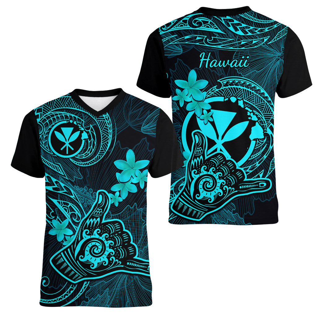 Hawaii Women V Neck T Shirt Shaka Tattoo Mix Polynesian Plumeria Turquoise Version - Wonder Print Shop